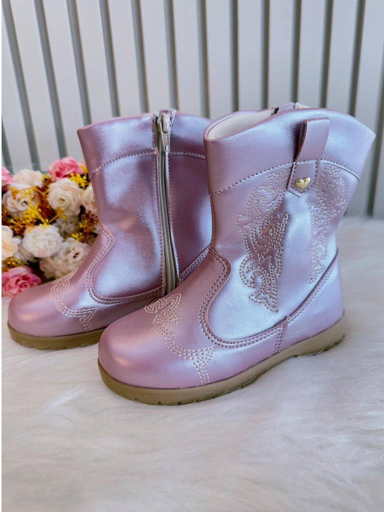Botas vaqueras para niños en color rosa metalizado con cremallera de lujo