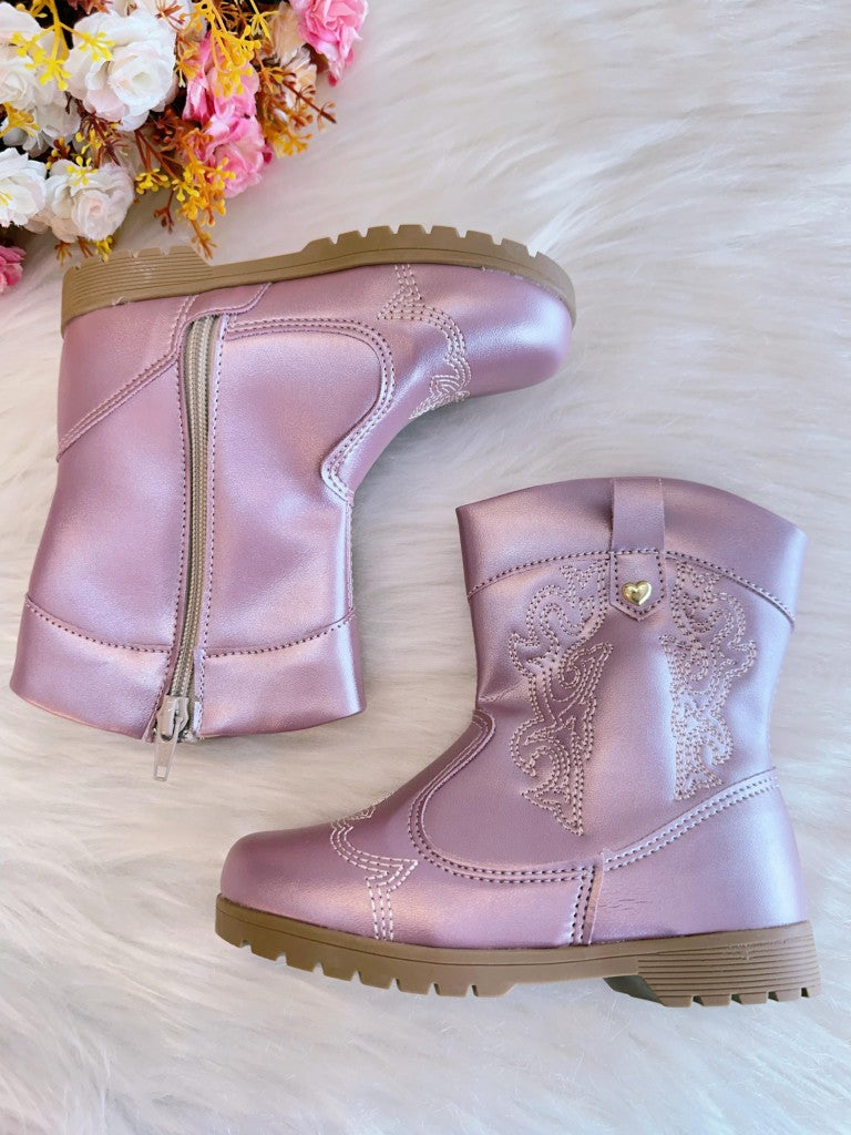 Botas vaqueras para niños en color rosa metalizado con cremallera de lujo