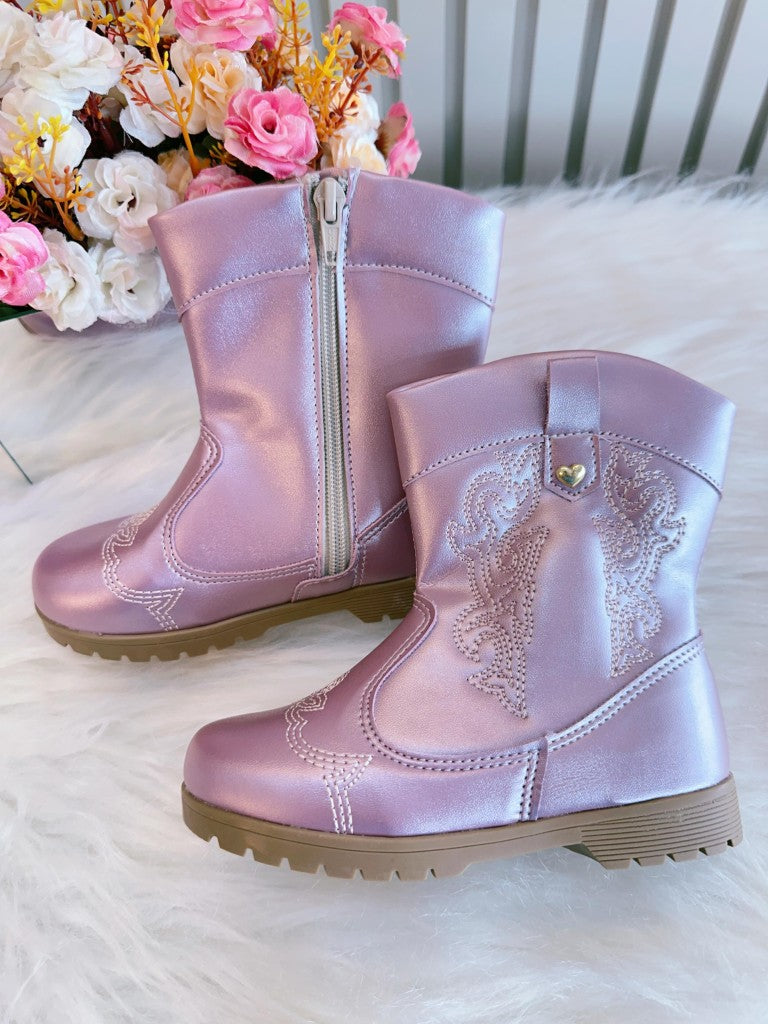 Botas vaqueras para niños en color rosa metalizado con cremallera de lujo