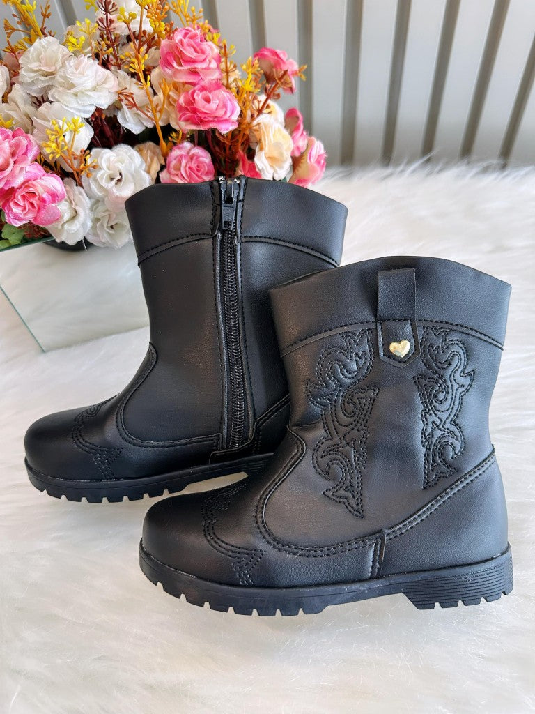 Botas Boiadeira Texanas Negras para Niños con Cremallera de Lujo