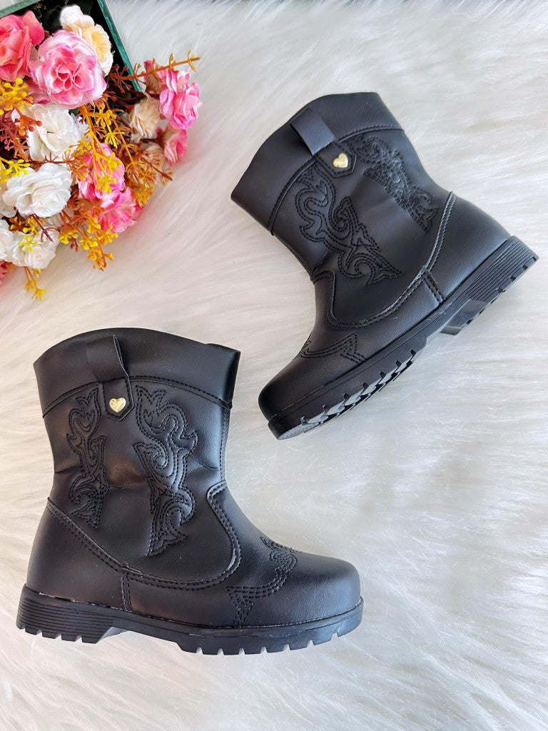 Botas Boiadeira Texanas Negras para Niños con Cremallera de Lujo