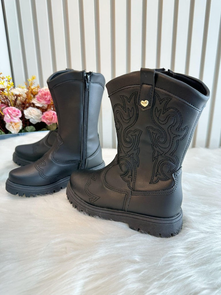 Botas Boiadeira Texanas Negras para Niños con Cremallera de Lujo