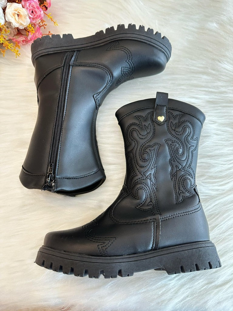 Botas Boiadeira Texanas Negras para Niños con Cremallera de Lujo