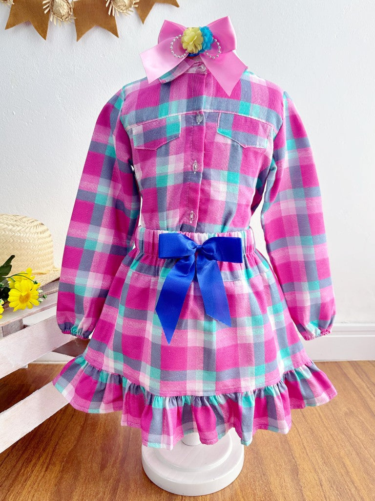 Conjunto Junino para niña, camisa rosa con minifalda a cuadros