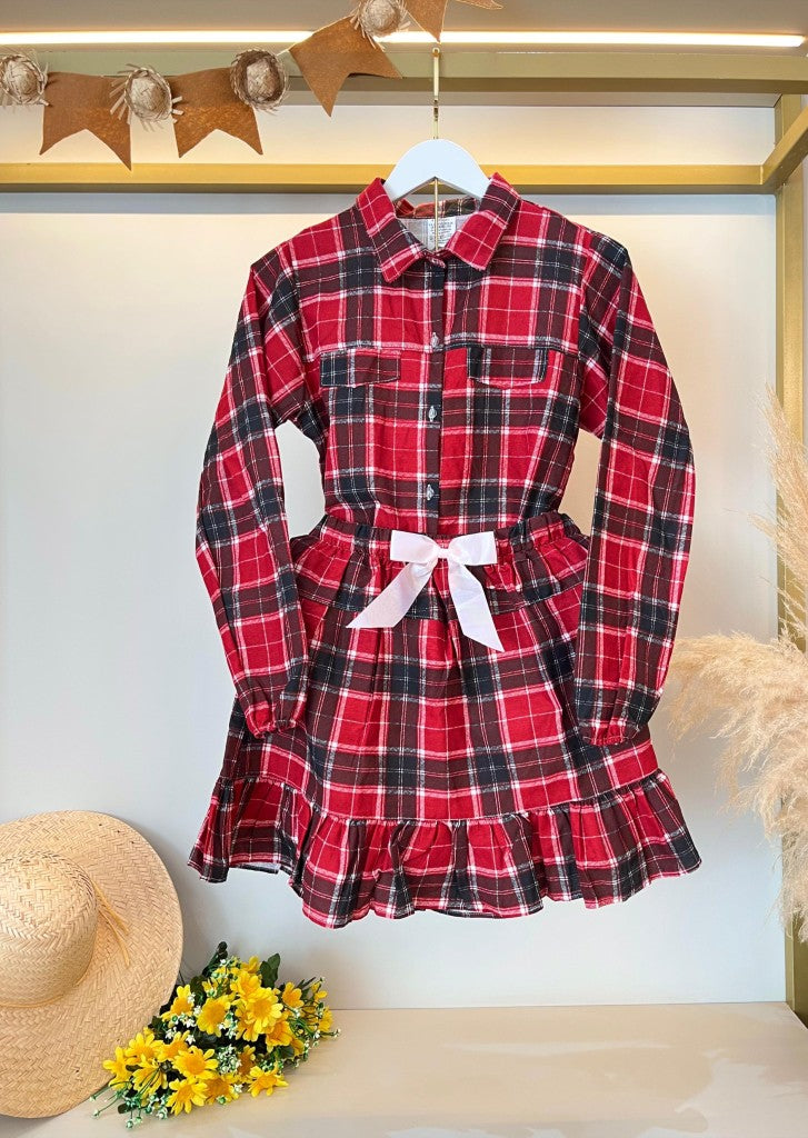 Conjunto de franela para adulto, camisa Junino y falda a cuadros, color rojo y colorido