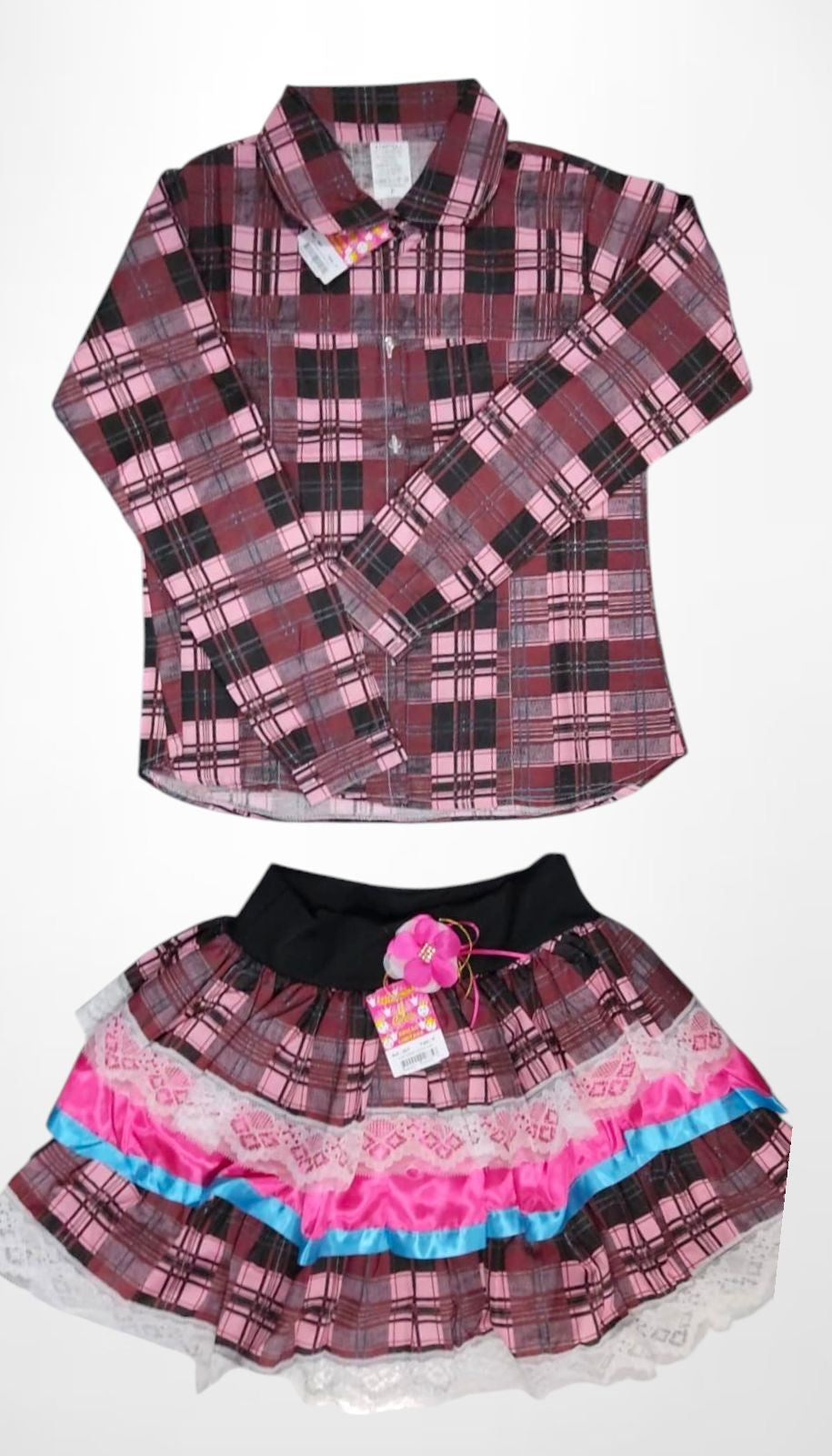 Conjunto de lujo Junino para adulto, camisa y falda a cuadros en colores Marsala