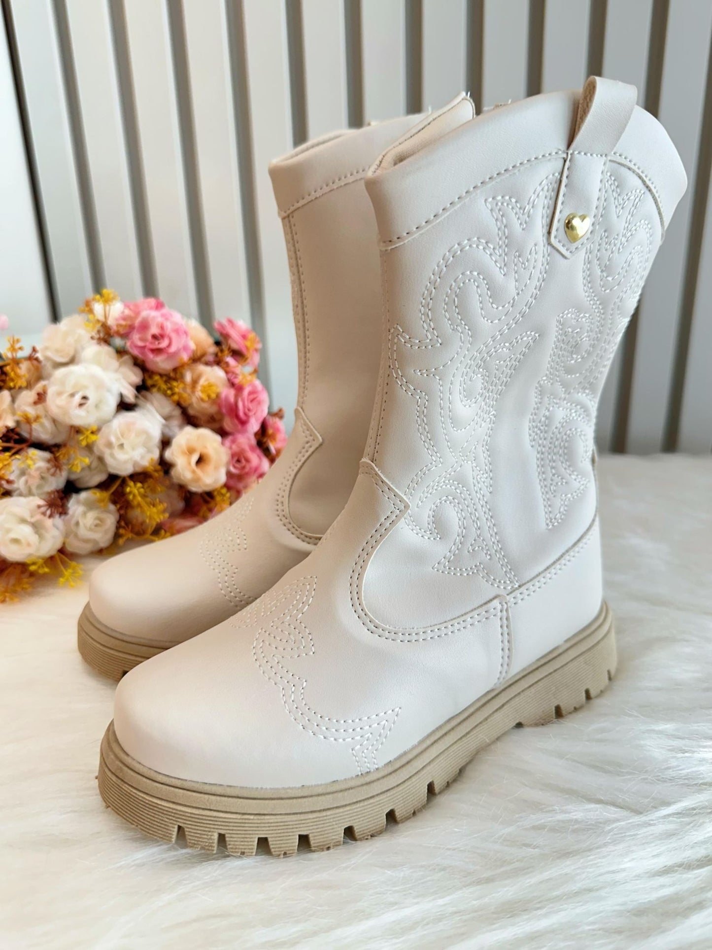 Botas Boiadeira Texanas para Niños en Blanco Roto con Cremallera de Lujo