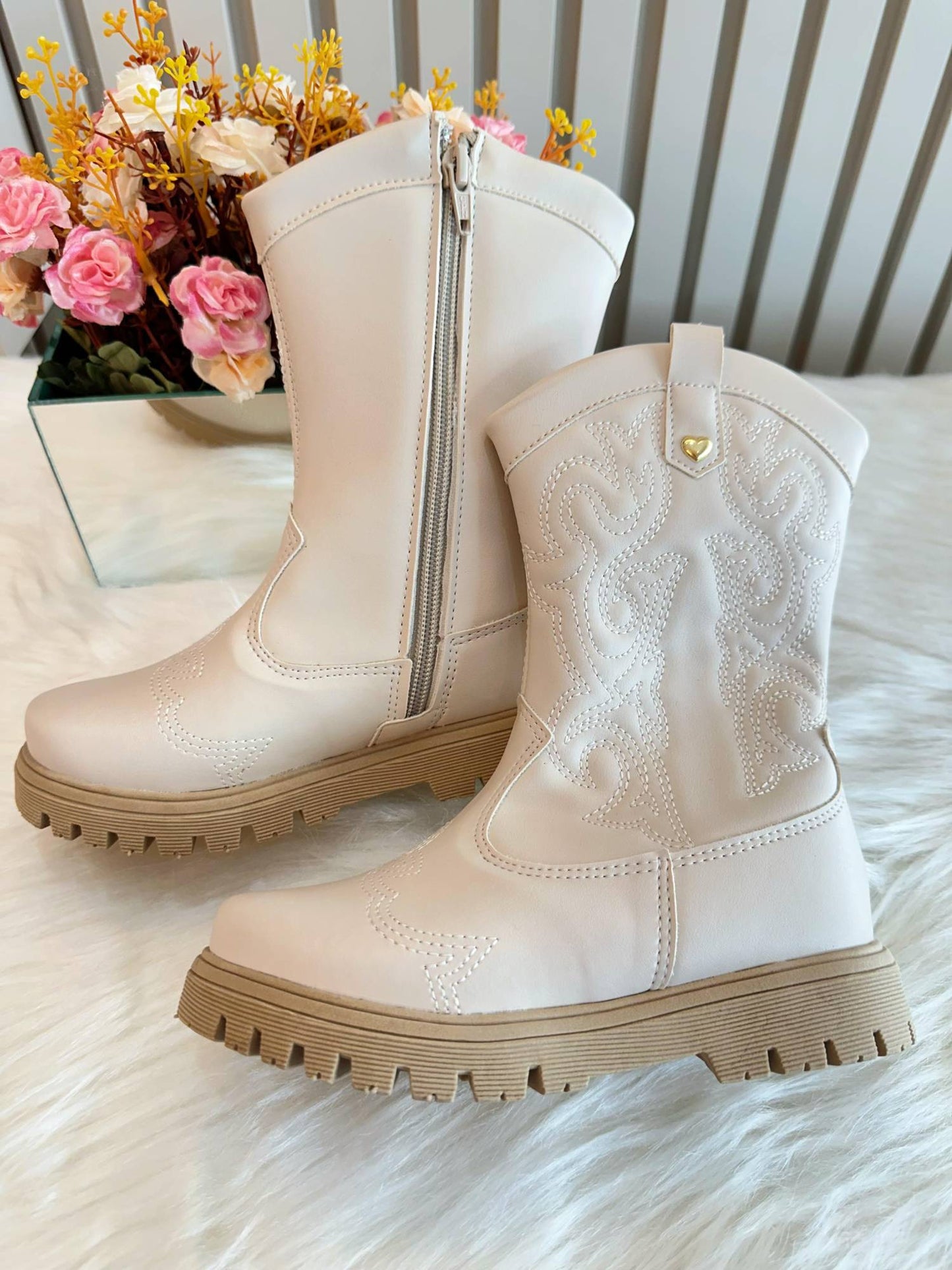 Botas Boiadeira Texanas para Niños en Blanco Roto con Cremallera de Lujo