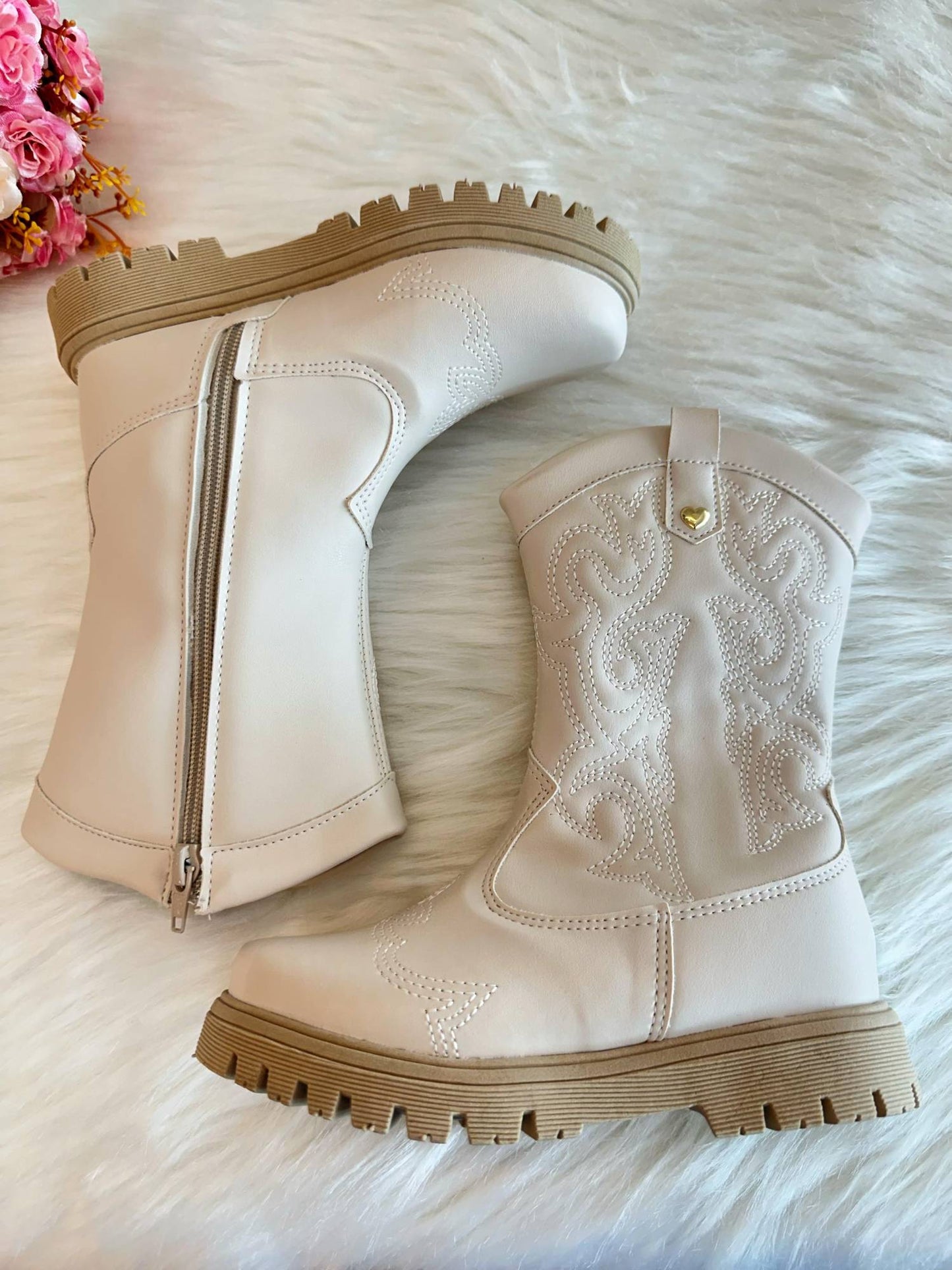 Botas Boiadeira Texanas para Niños en Blanco Roto con Cremallera de Lujo