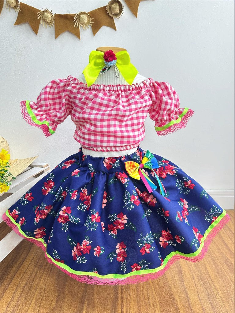 Conjunto de minifalda corta azul a cuadros rosas Junino para niña