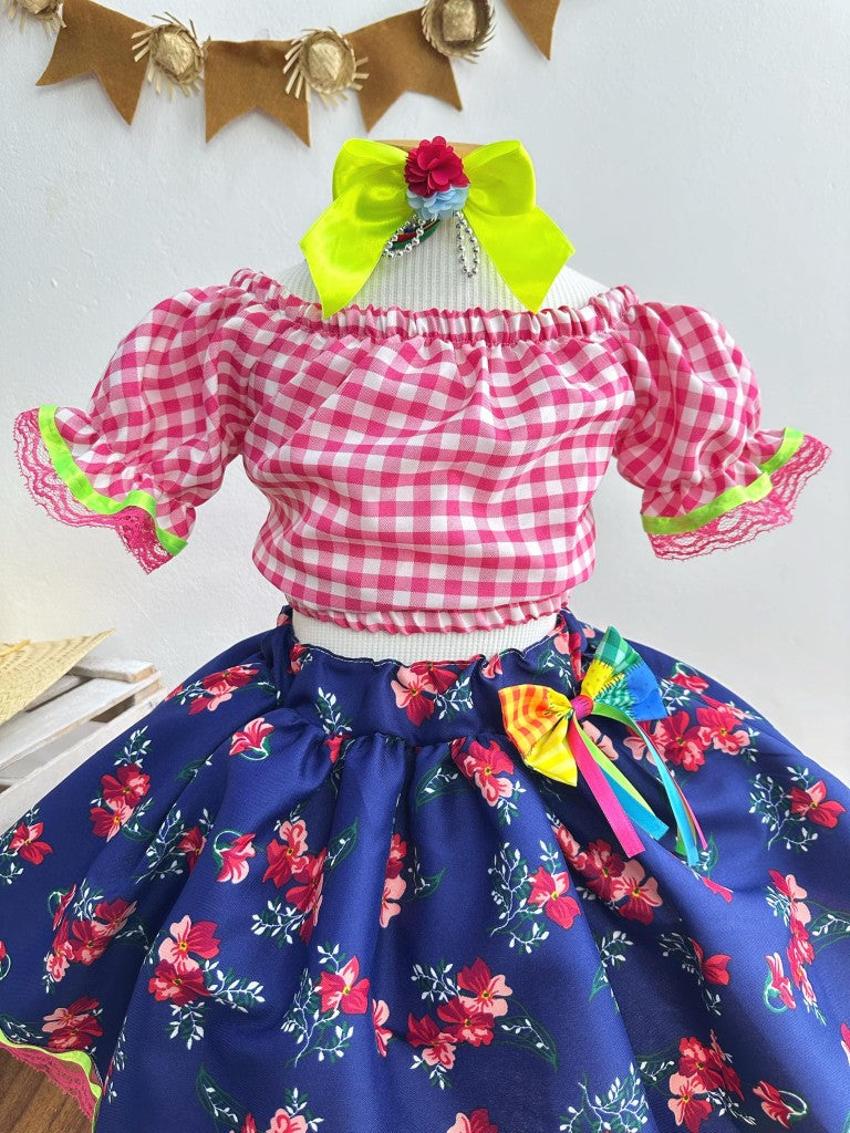 Conjunto de minifalda corta azul a cuadros rosas Junino para niña