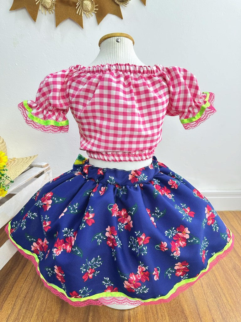 Conjunto de minifalda corta azul a cuadros rosas Junino para niña