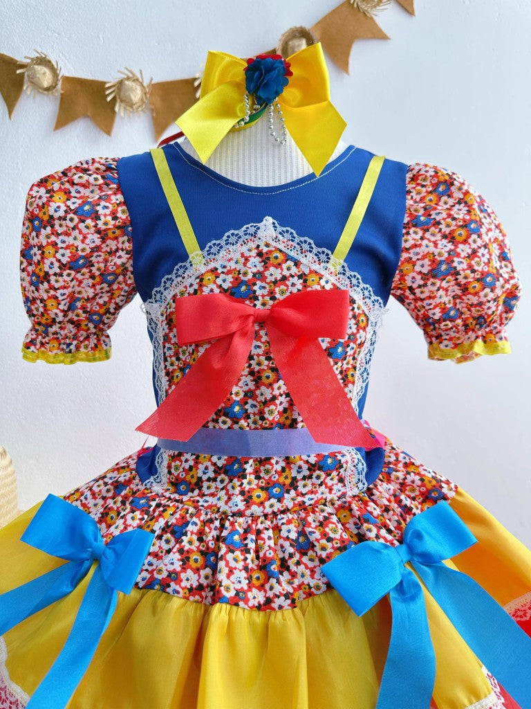 Disfraz infantil de junio rojo y azul con flores de colores