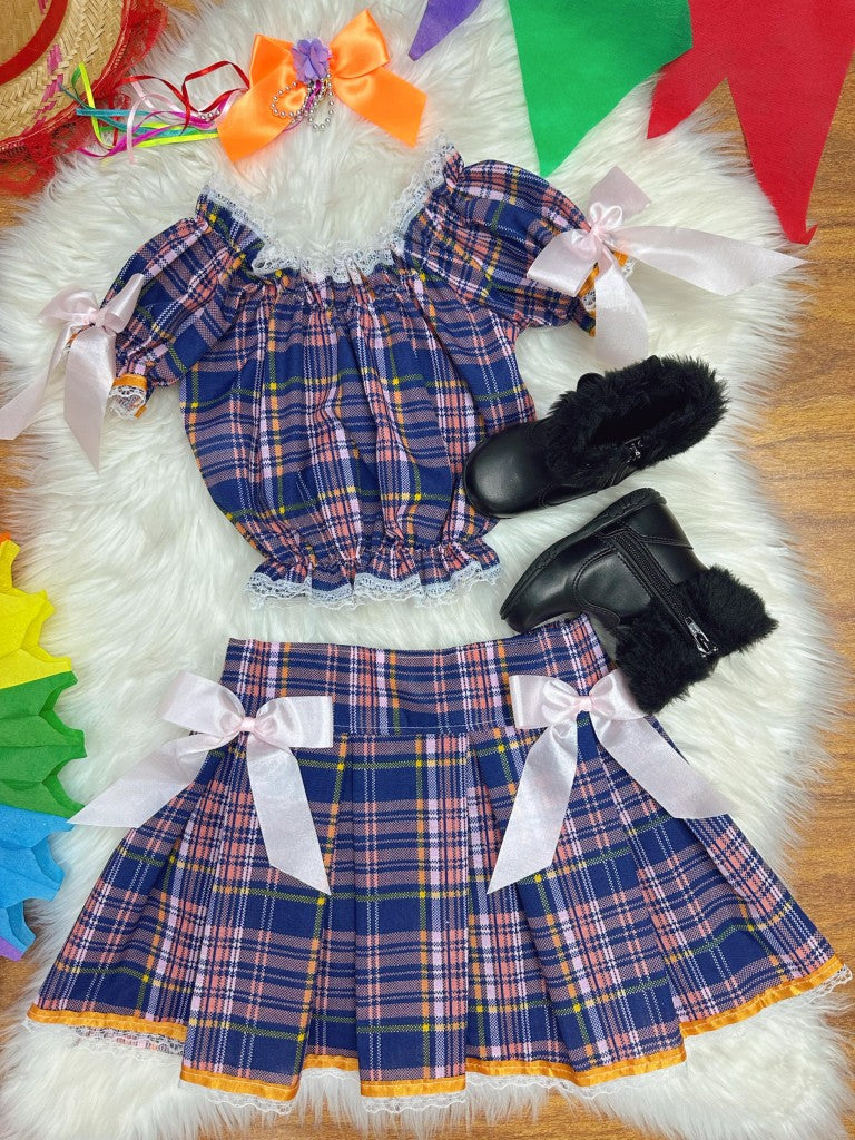 Conjunto infantil Junino Gypsy de cuadros coloridos en azul oscuro