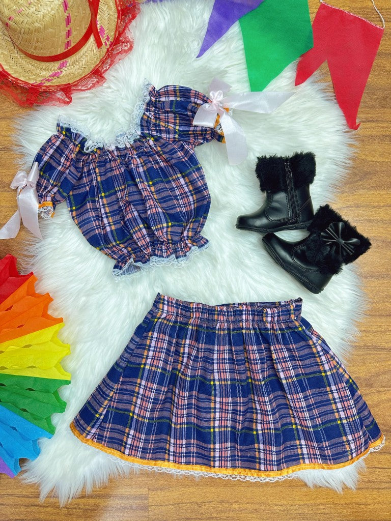 Conjunto infantil Junino Gypsy de cuadros coloridos en azul oscuro