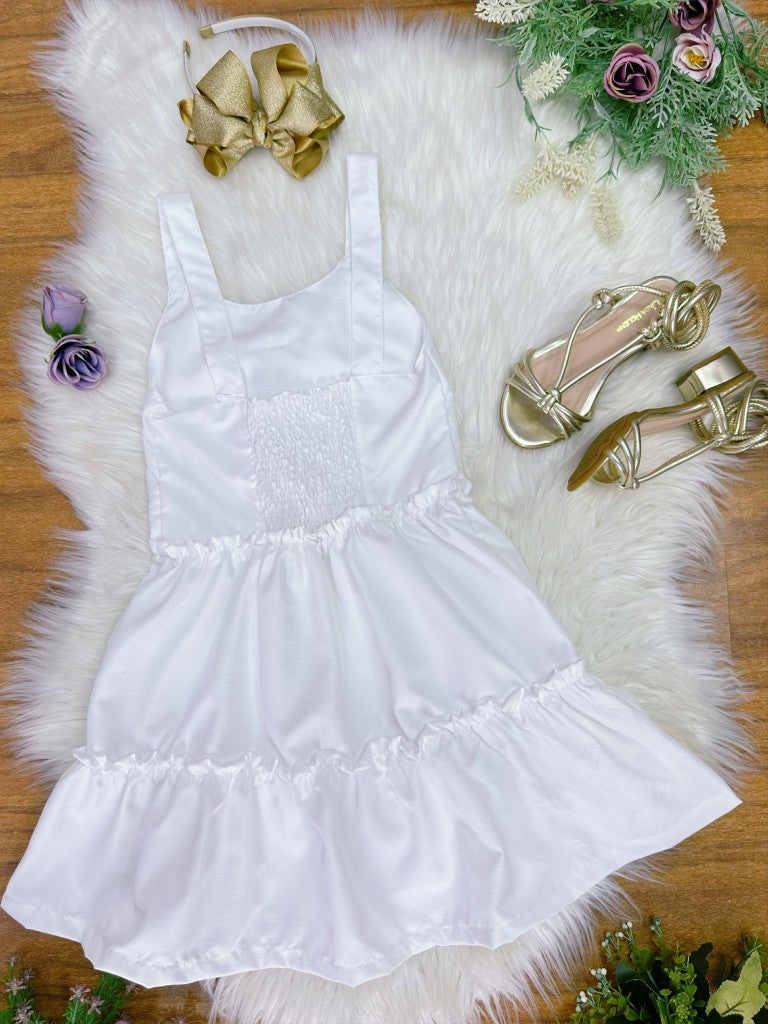 Vestido infantil de fiesta informal de lujo blanco con tirantes