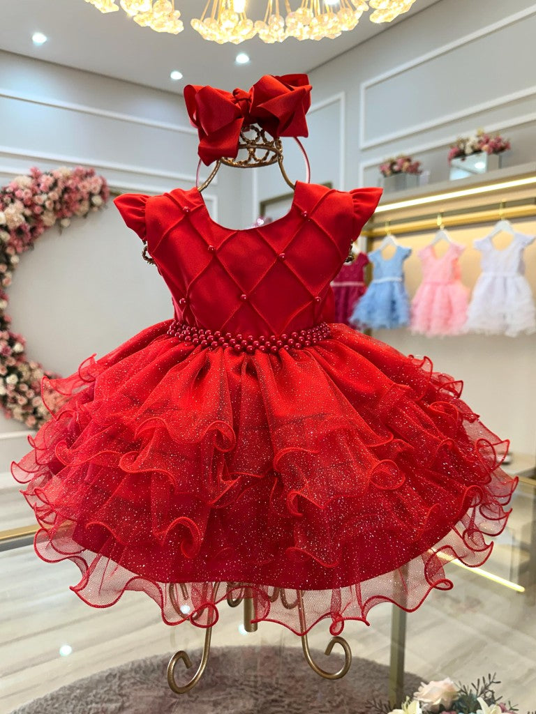 Vestido de bautizo rojo con falda de volantes de lujo