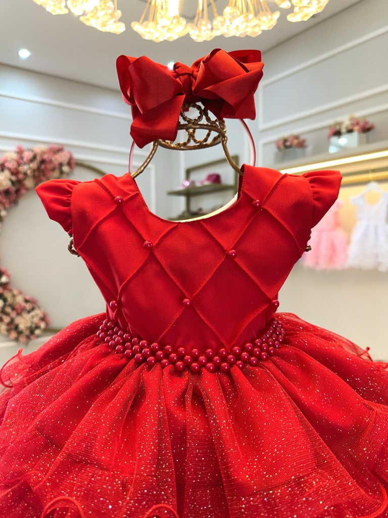 Vestido de bautizo rojo con falda de volantes de lujo