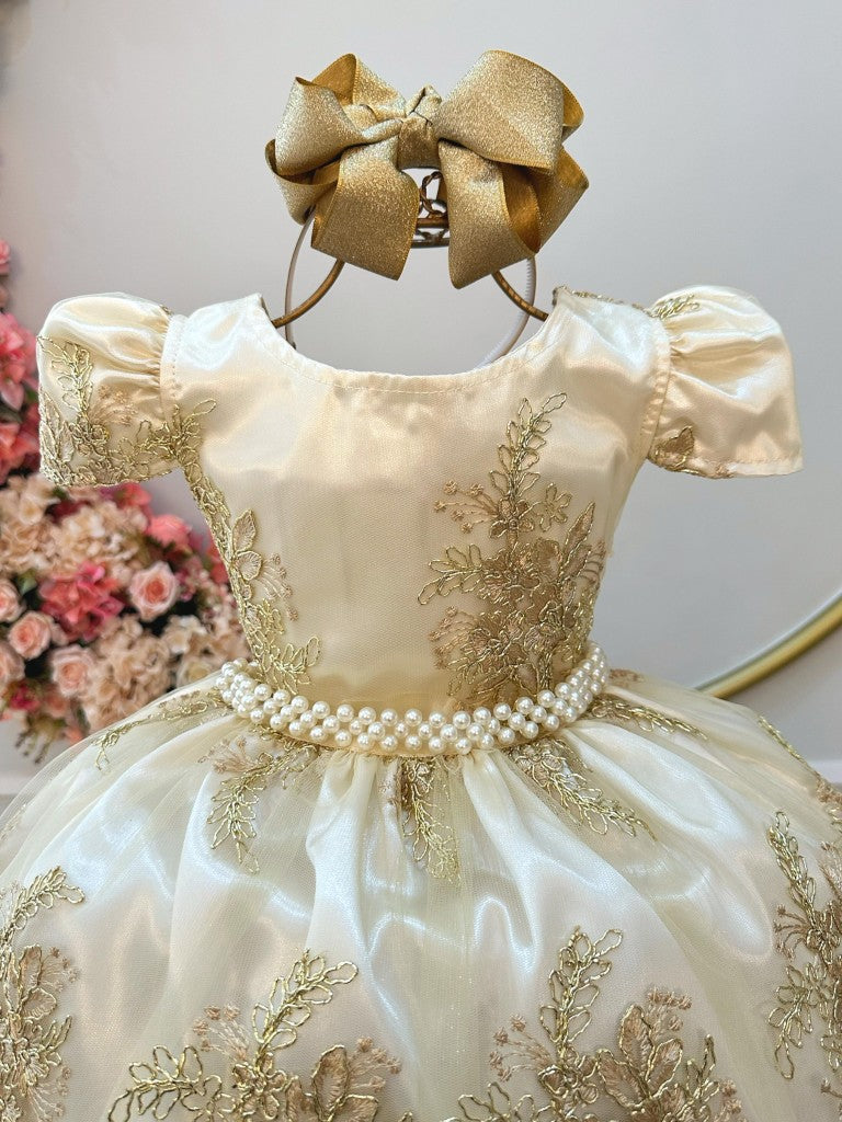 Vestido infantil color marfil con encaje dorado de la realeza para niñas de las flores
