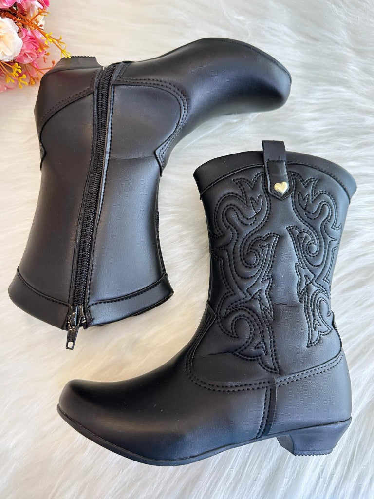 Botas vaqueras negras para niños con cremallera y tacón