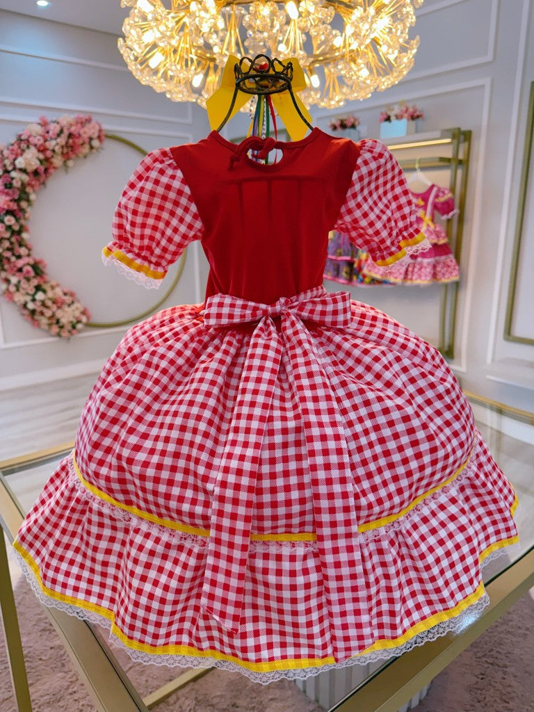 Vestido de fiesta infantil de junio con cuadros rojos y coloridos