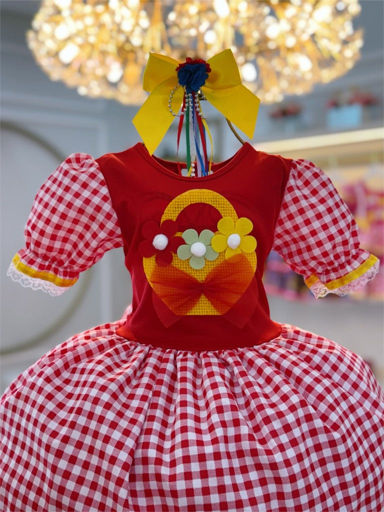 Vestido de fiesta infantil de junio con cuadros rojos y coloridos