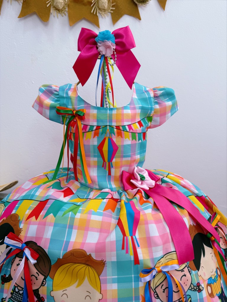 Vestido infantil de junio de lujo a cuadros coloridos para fiesta de San Juan