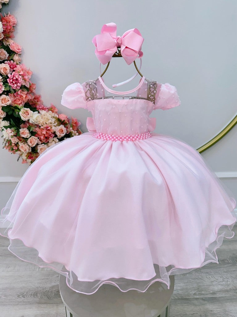 Vestido de fiesta para niña de las flores con tul rosa claro y efecto palomitas de maíz
