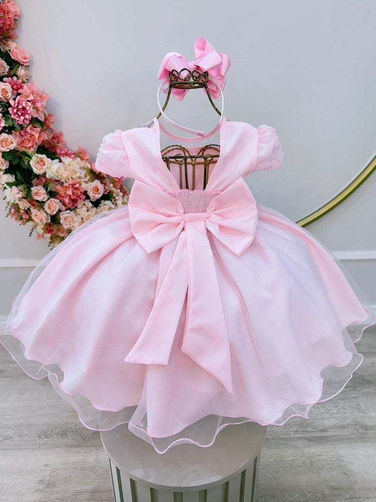 Vestido de fiesta para niña de las flores con tul rosa claro y efecto palomitas de maíz
