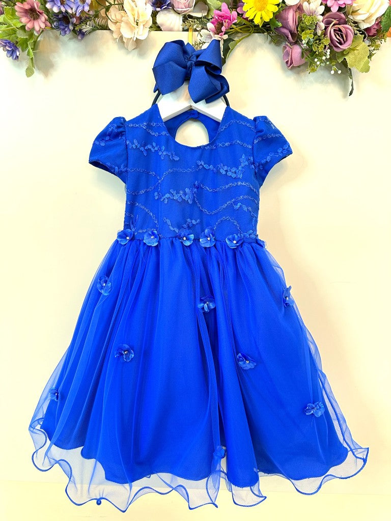 Vestido infantil de jardín encantado azul real con encaje para fiestas