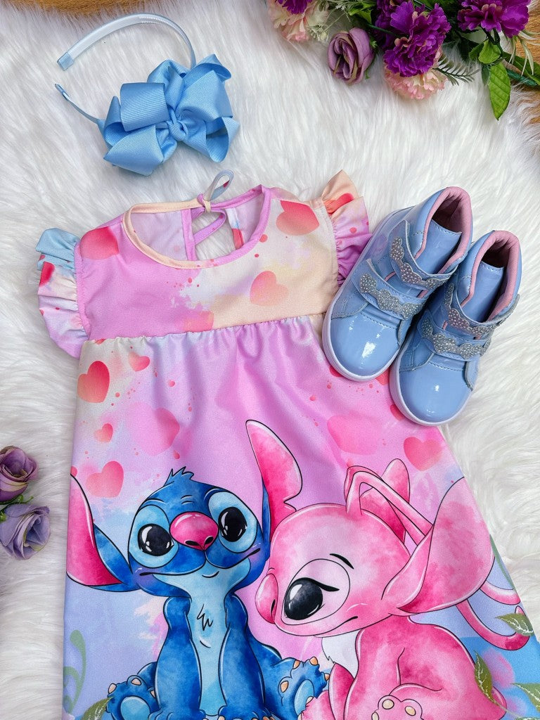 Vestido Infantil Trapézio Lilo Stitch e Angel Rosa Manga Flu-Flu