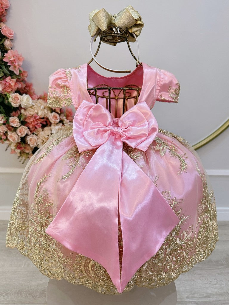 Vestido infantil rosa con encaje real metalizado para niña de las flores