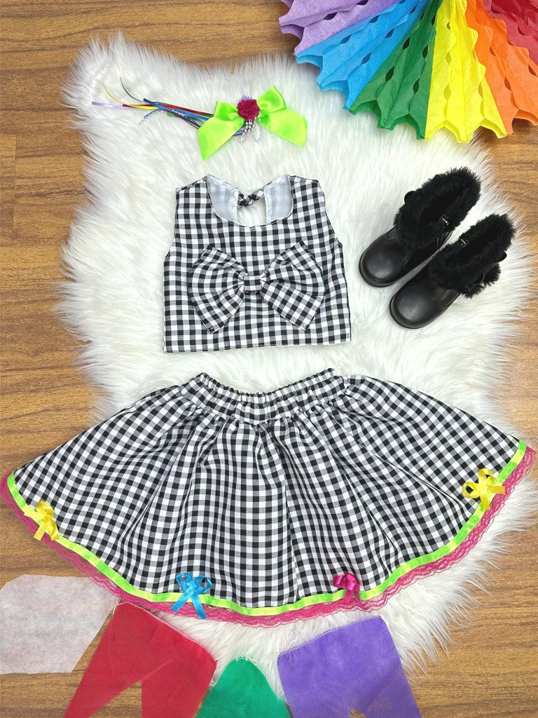 Conjunto corto de cuadros negros con falda Junino Caipira para niña