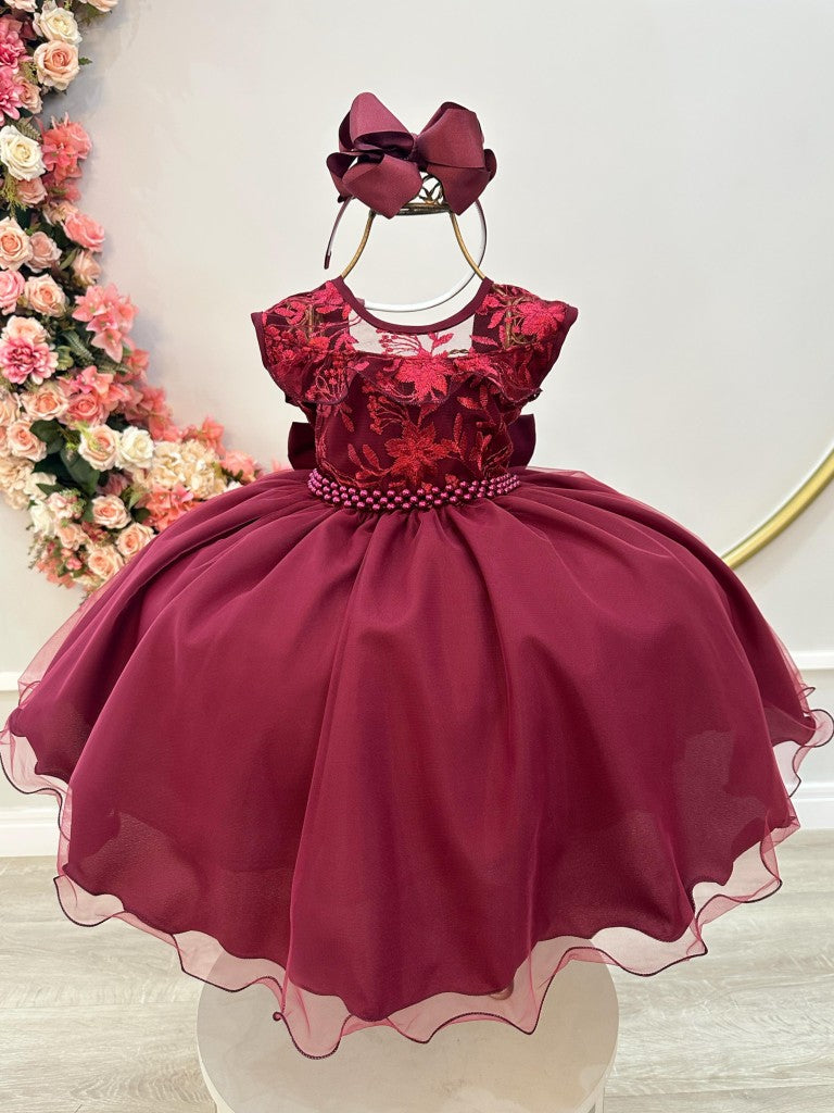 Vestido infantil Marsala con volantes y encaje para fiestas de damas de honor