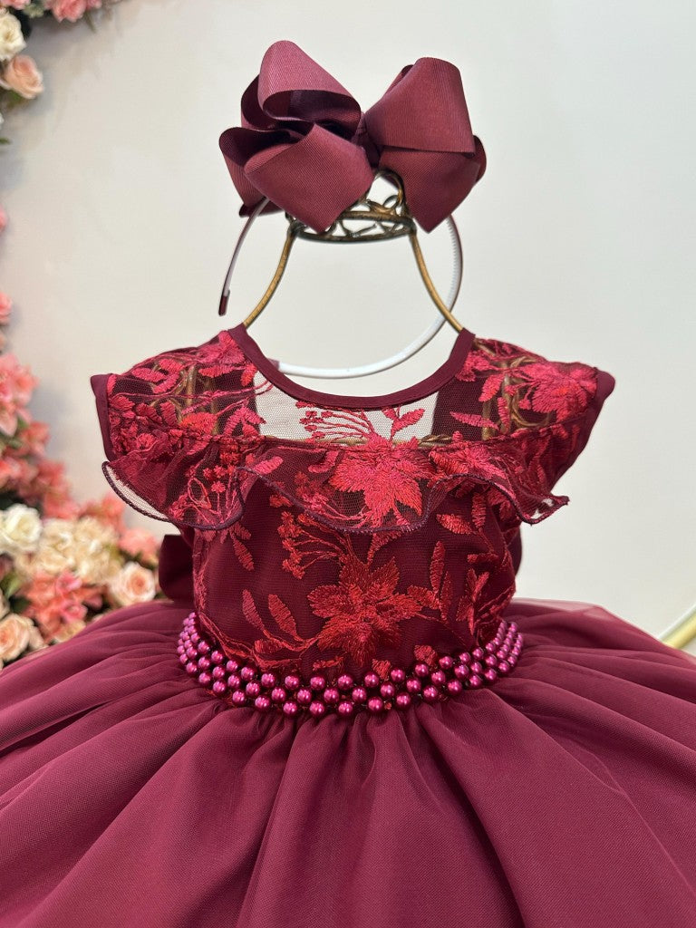 Vestido infantil Marsala con volantes y encaje para fiestas de damas de honor