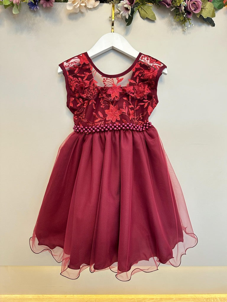 Vestido infantil Marsala con volantes y encaje para fiestas de damas de honor