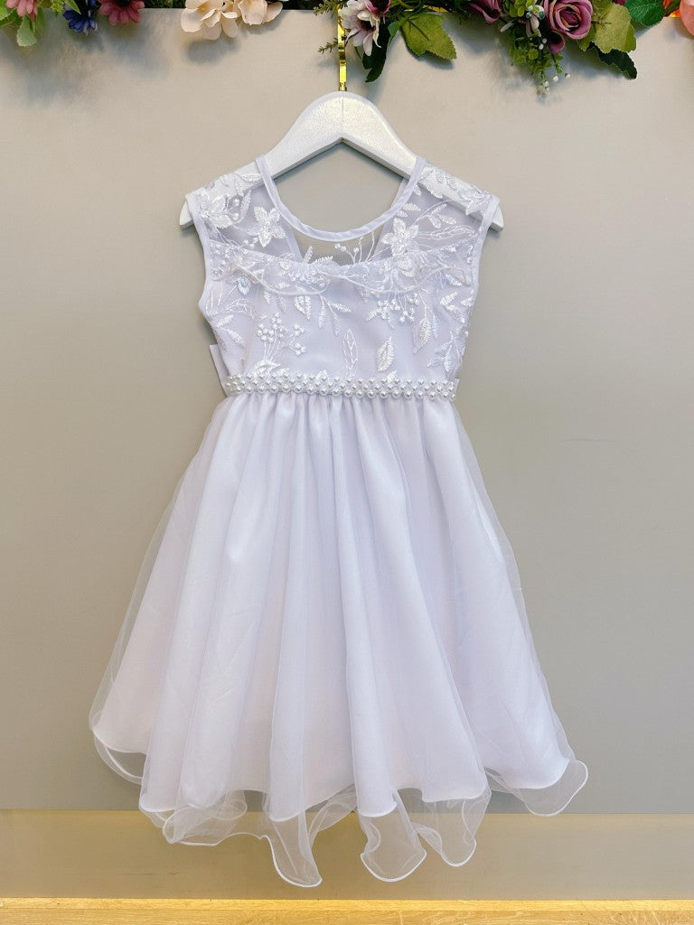 Vestido infantil blanco con volantes y encaje para fiestas de damas de honor