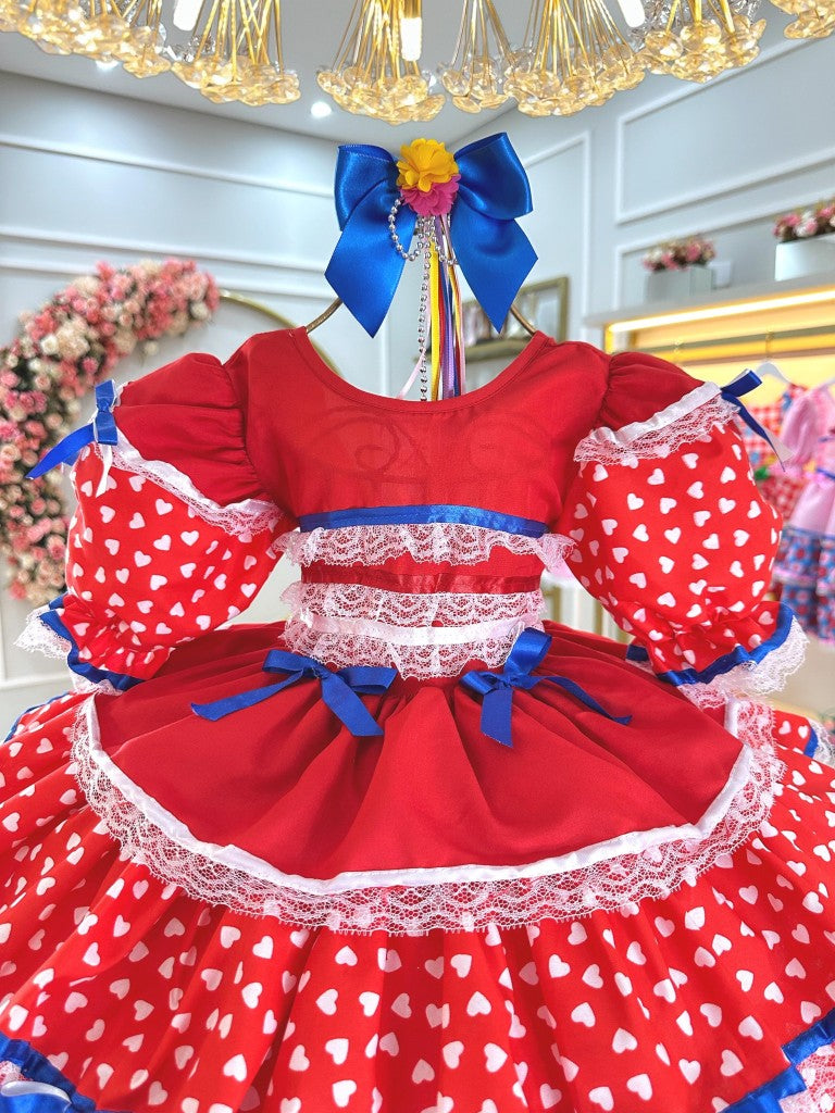Vestido Junino Arraiá Infantil Rojo con Diseño de Corazones