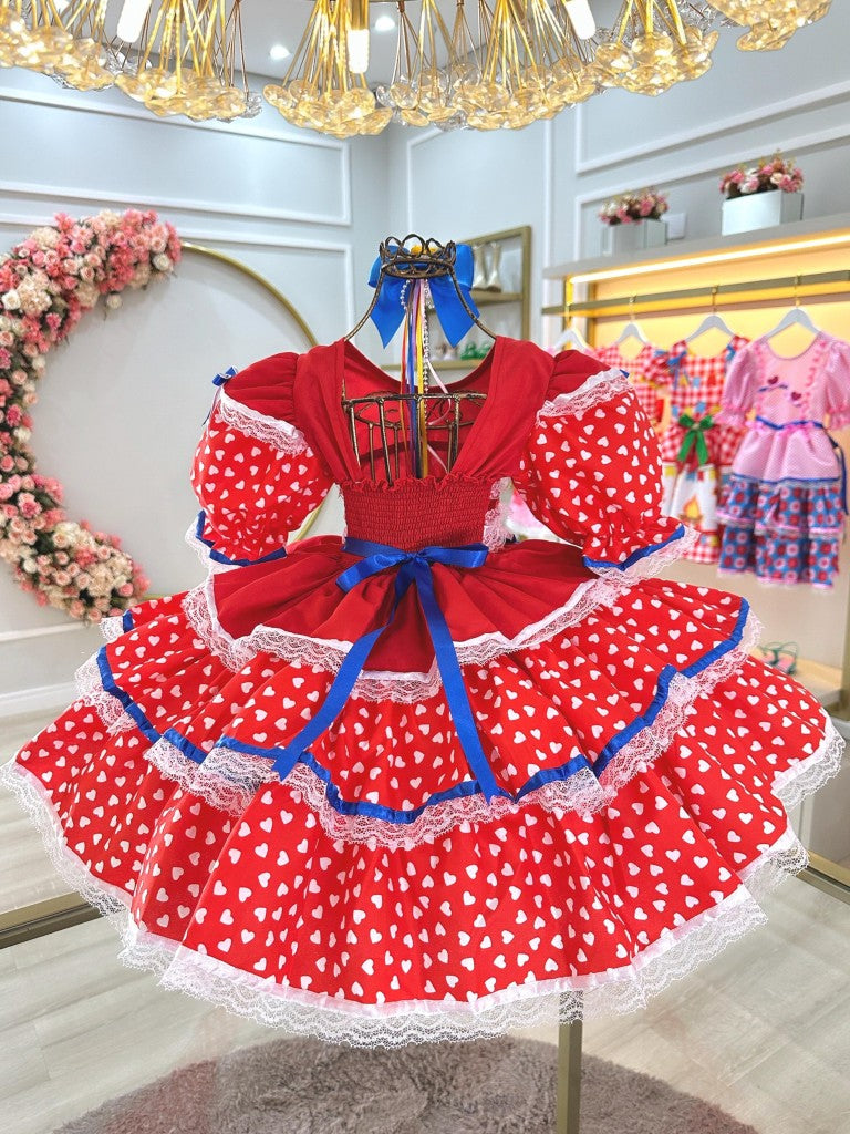 Vestido Junino Arraiá Infantil Rojo con Diseño de Corazones