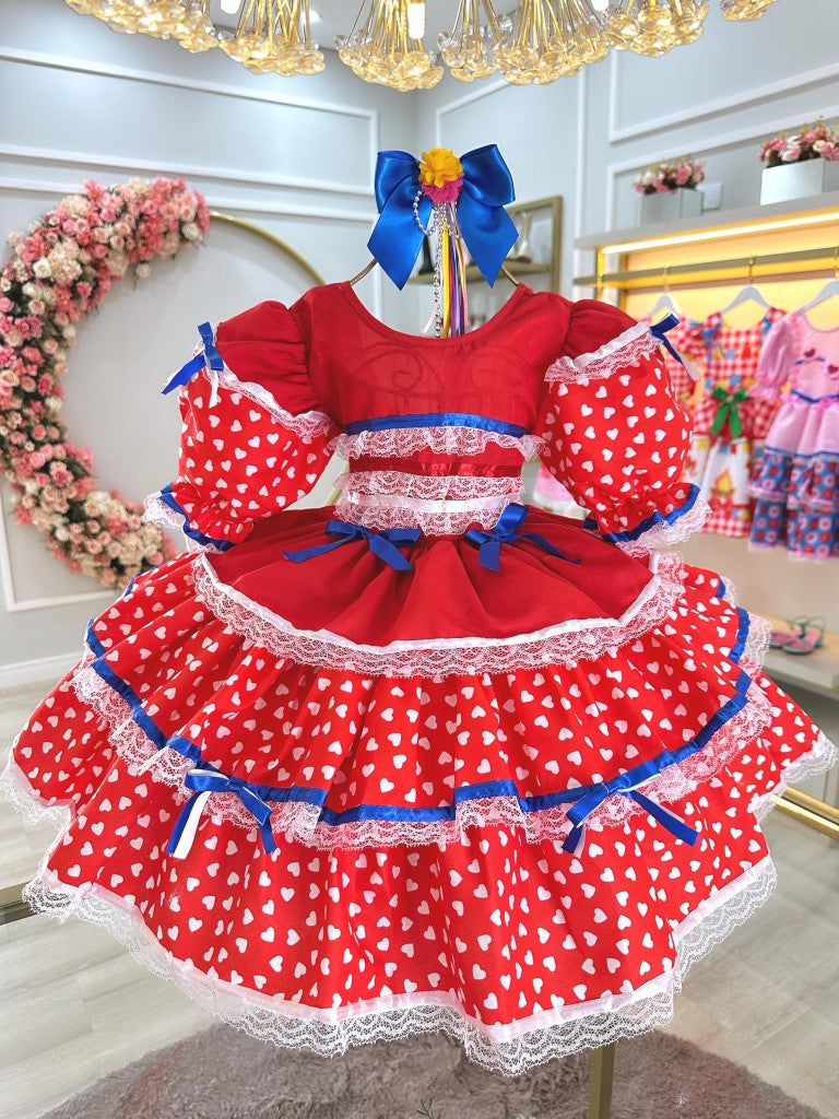 Vestido Junino Arraiá Infantil Rojo con Diseño de Corazones