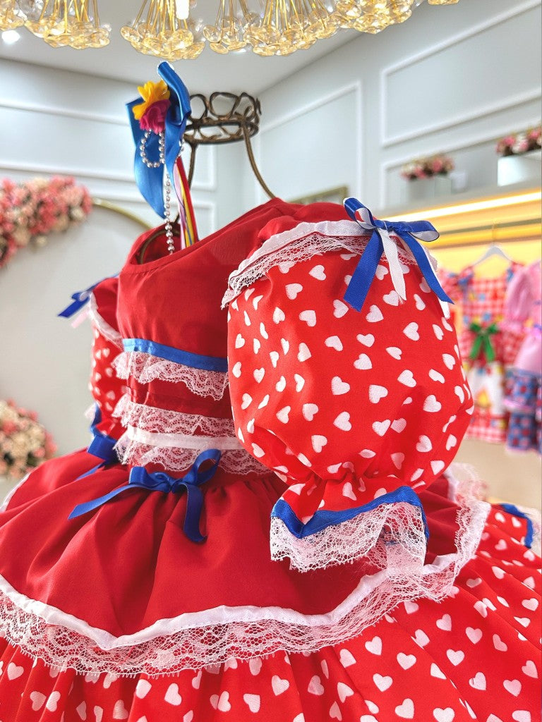 Vestido Junino Arraiá Infantil Rojo con Diseño de Corazones