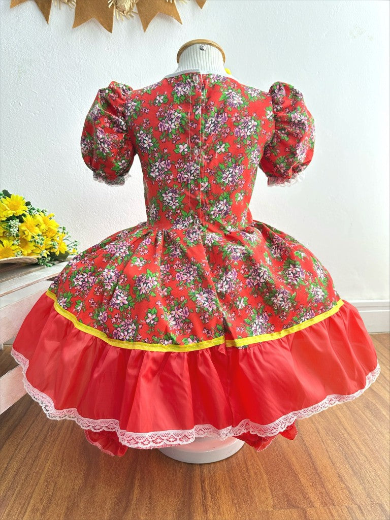 Vestido infantil campestre Junino rojo con flores de colores