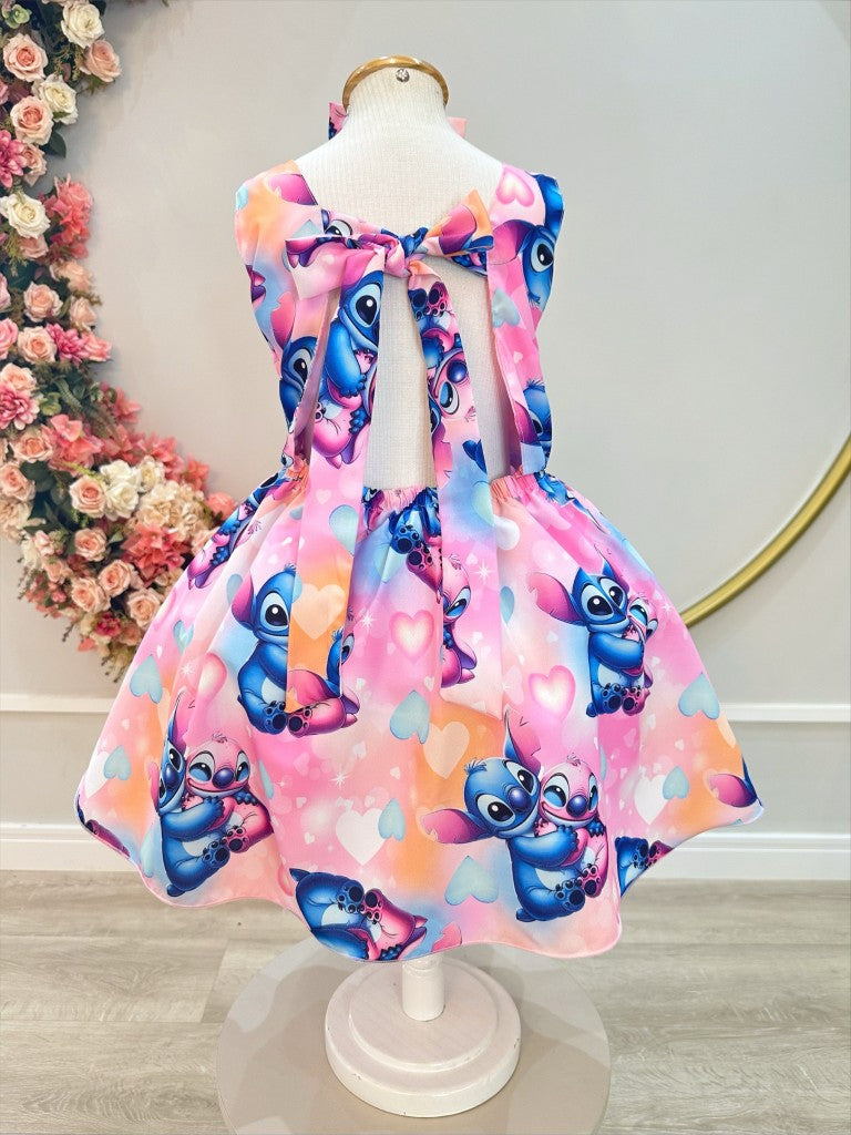 Vestido infantil rosa colorido con lazo de Lilo Stitch y Angel