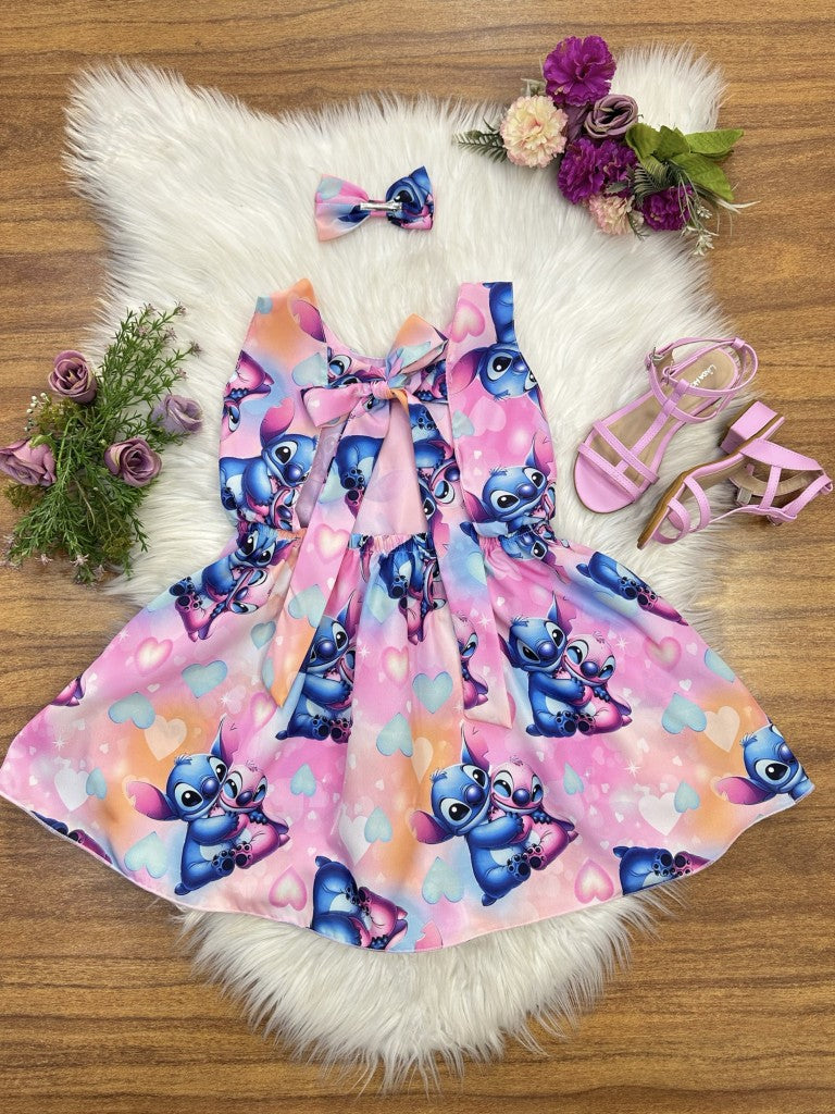 Vestido infantil rosa colorido con lazo de Lilo Stitch y Angel