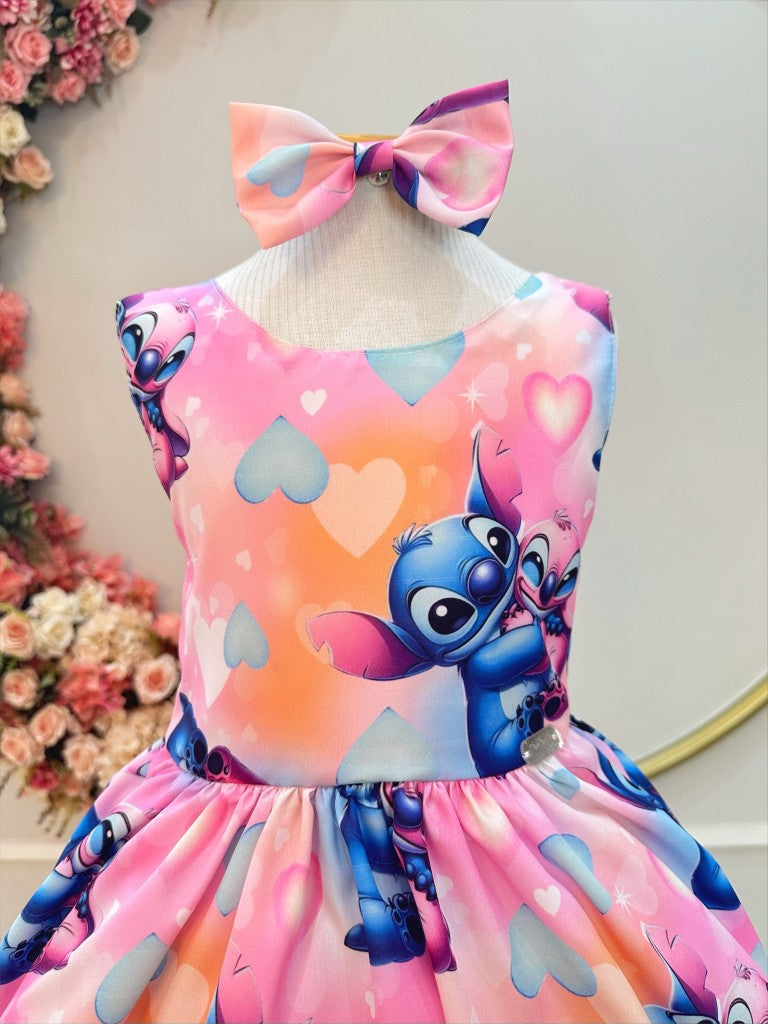 Vestido infantil rosa colorido con lazo de Lilo Stitch y Angel
