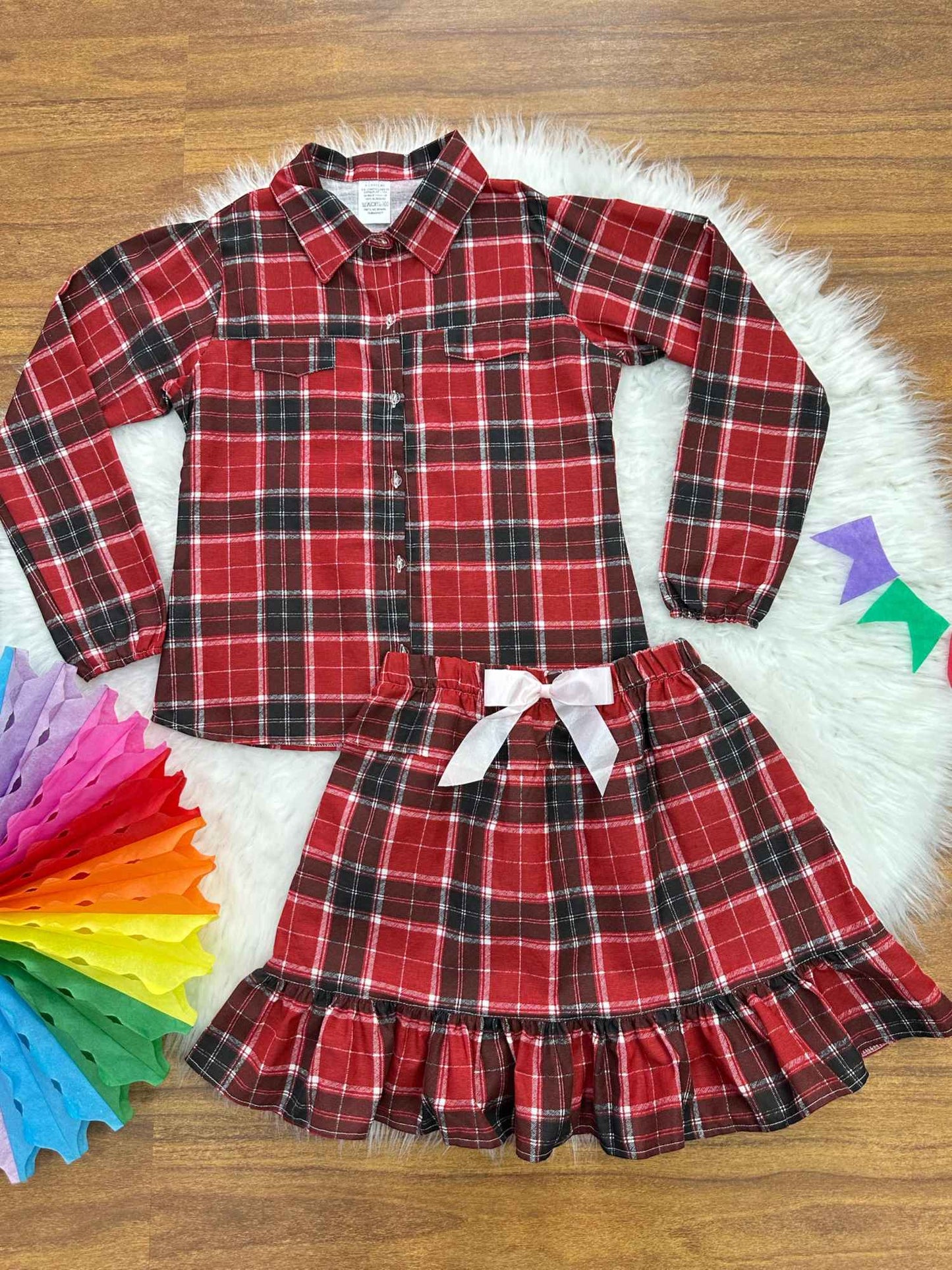 Conjunto de franela para adulto, camisa Junino y falda a cuadros, color rojo y colorido