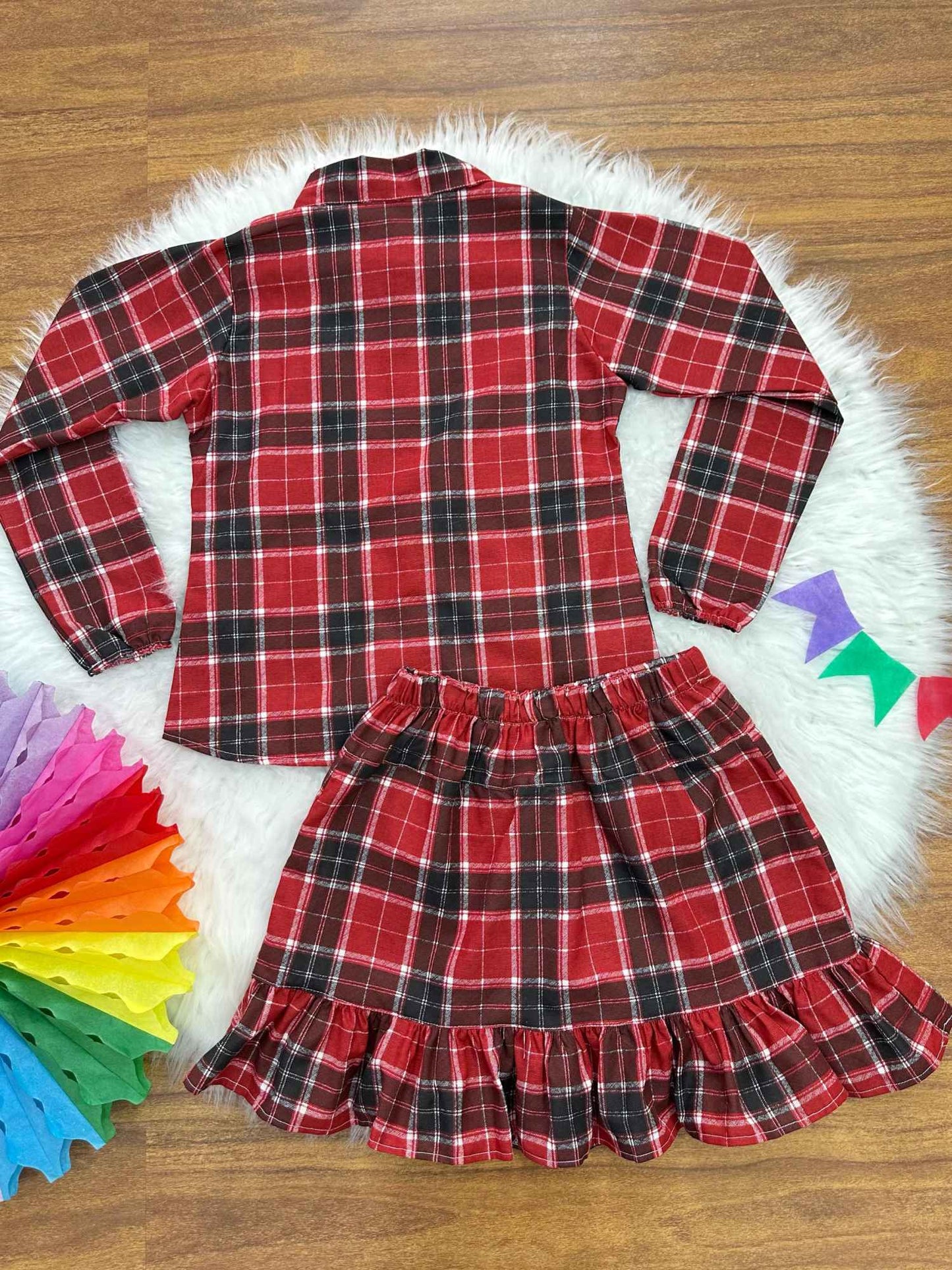 Conjunto de franela para adulto, camisa Junino y falda a cuadros, color rojo y colorido