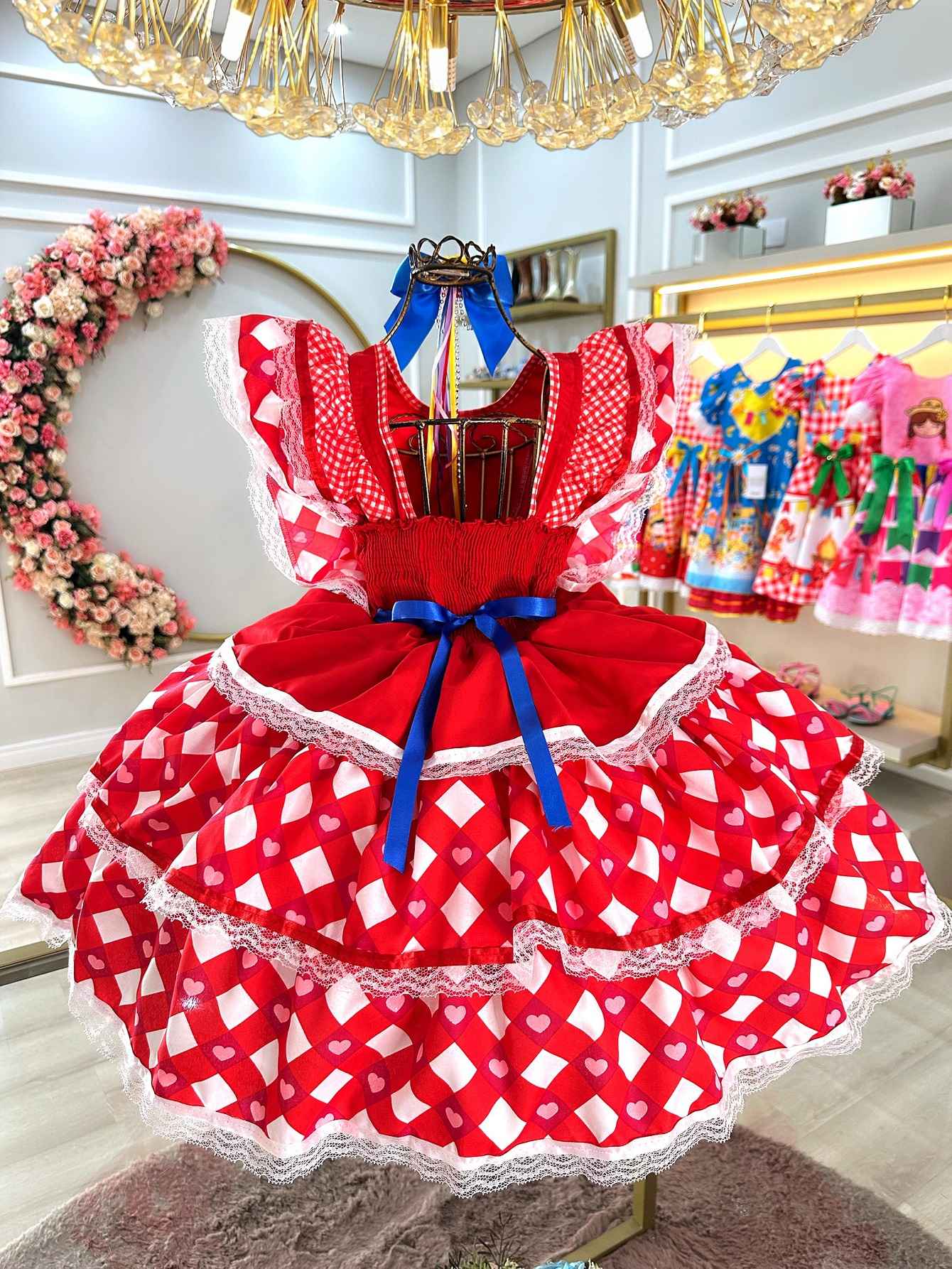 Vestido Caipira Junino Infantil Rojo con Diseño de Corazones