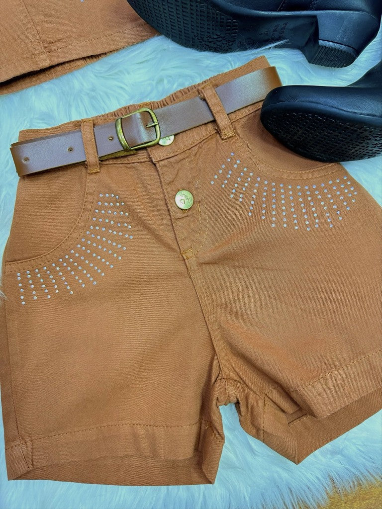 Conjunto infantil de blusa y pantalón corto informal de sarga marrón Boiadeira