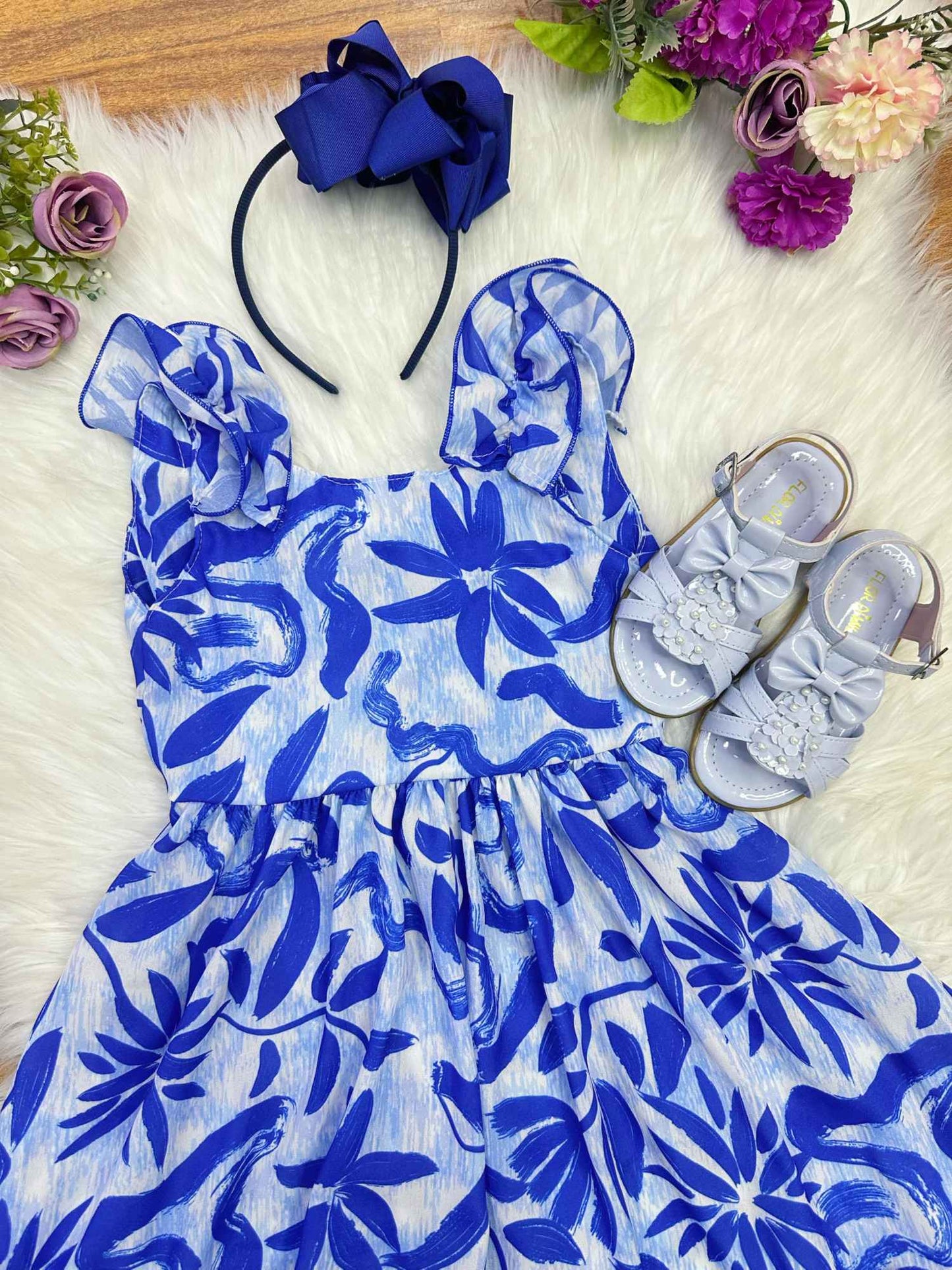Vestido Infantil Casual Primavera Florido Azul